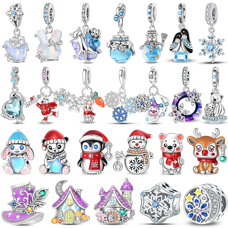 

2025 New Winter Charms Bead 925 Sterling Silver Snowflake Snowman Penguin Deer Dangle Fit Bangle Bracelet Necklace DIY Jewelry