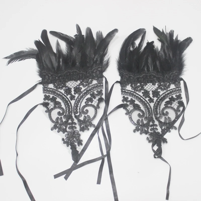 Dark Gloves Bride Feathered Flower Elaborate Long Gloves Bachelorette Party