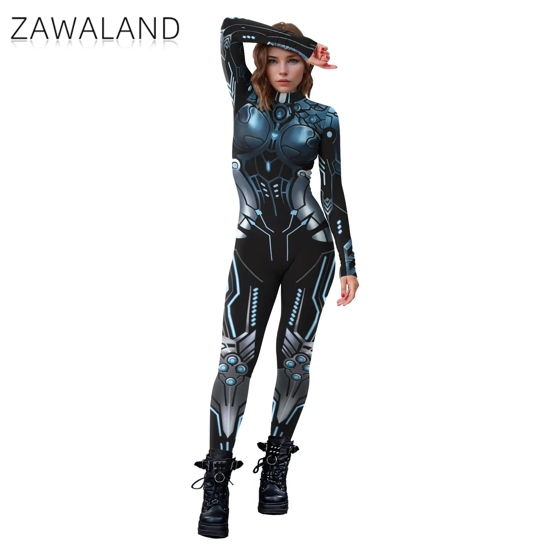 Zawaland-機械式ロボットプリントのボディスーツ,女性用,ハロウィーン,パンク,パーティー,コスプレ衣装,セクシー,長袖,派手な服