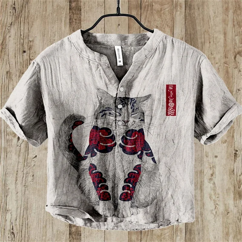 

Spring/Summer New Short sleeved Shirt 3D Retro Art Outdoor Illustration Casual Loose Pullover V-neck Button Shirt Fashion Men's