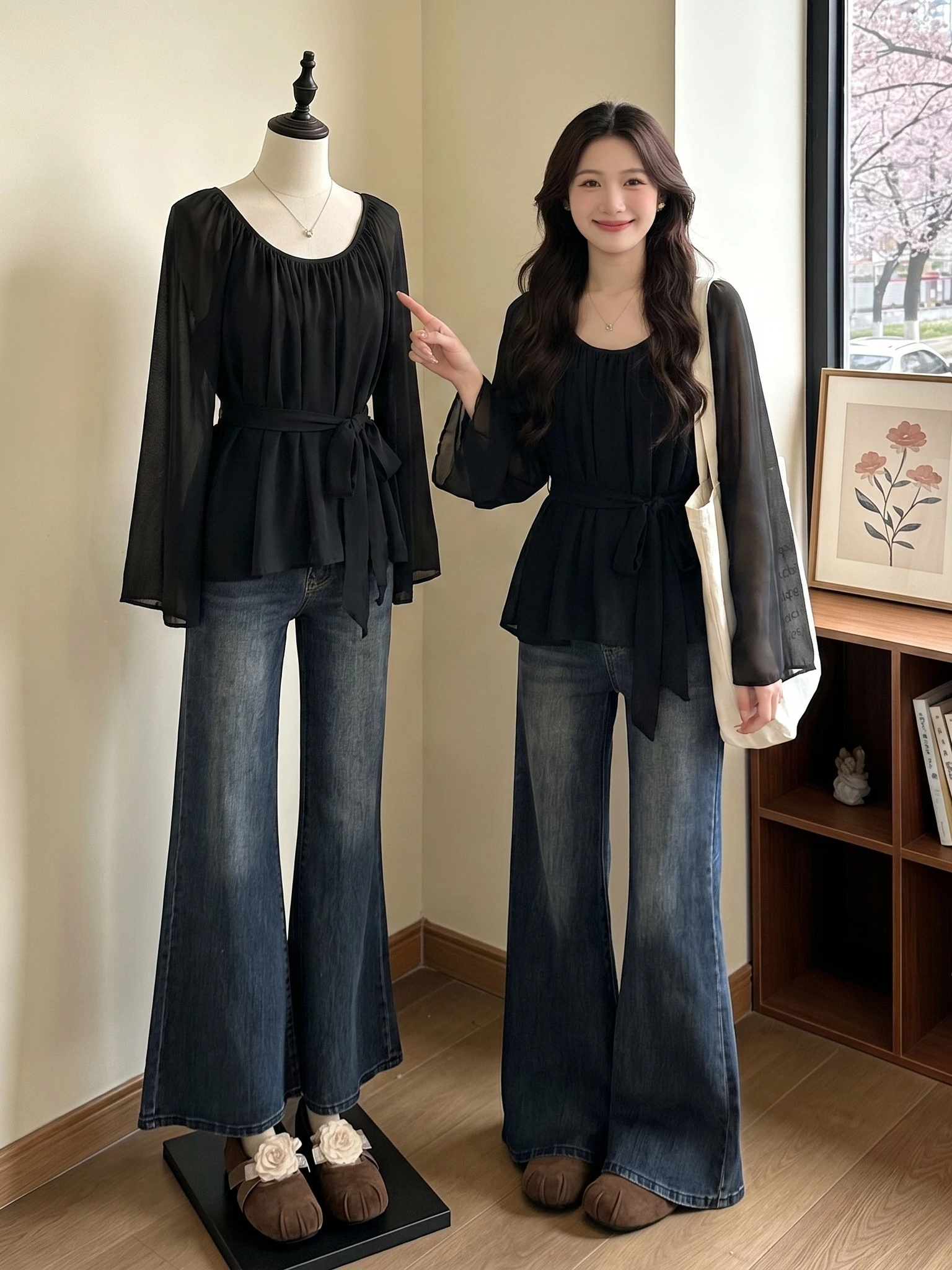 

Elegant Necktie Chiffon Shirt Women's Summer 2026 New plus Size Outerwear Waist Cinched Top Korean Style Long Sleeve round Neck