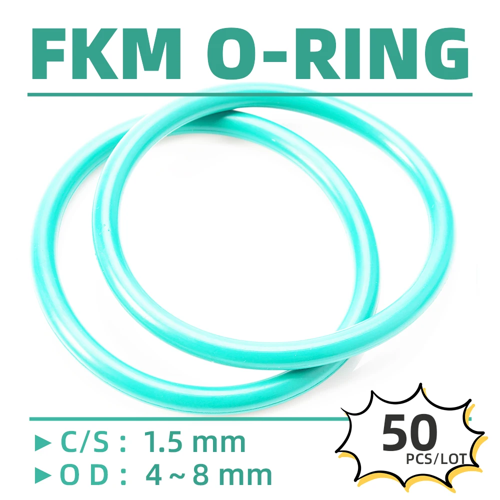 50PCS/Lot Rubber FKM  CS 1.5 mm OD 4/4.5/5/5.5/6/6.5/7/7.5/8 mm O Ring Gasket Oil Resistant Waterproof