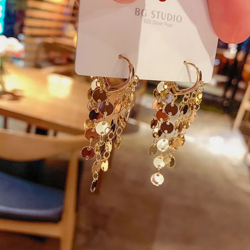 ANENJERY Sparkling Long Tassel Hoop Earrings for Women French Simple Circle Ear Buckles Handmade New Trend Jewelry Gifts