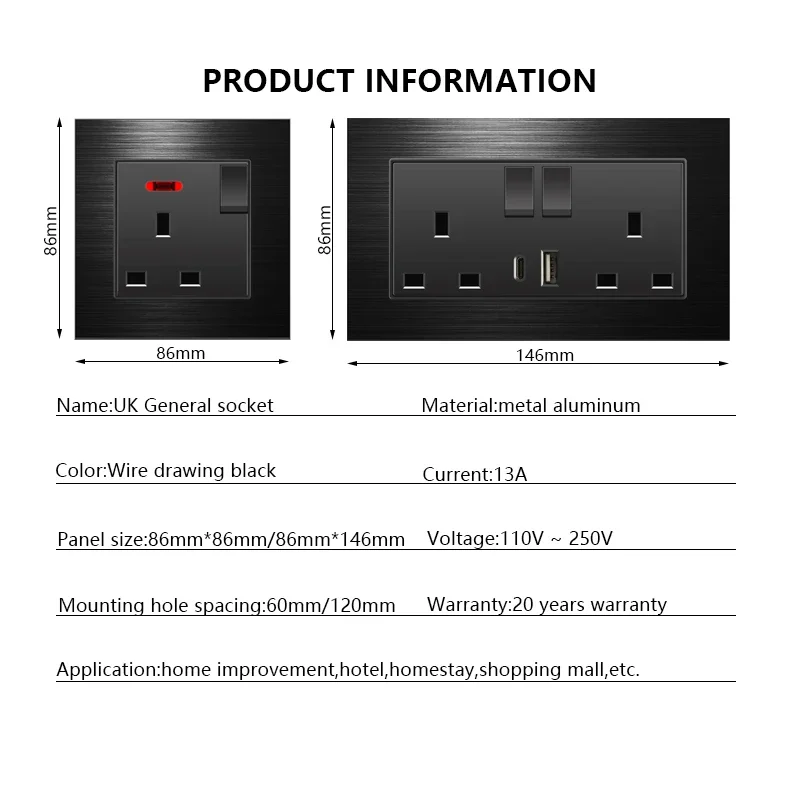 Brushed aluminum Universal 3pin Dual USB Socket,UK 13A Type-C 18W Quick charging outlet,220V Electrical Wall Light Switch Panel