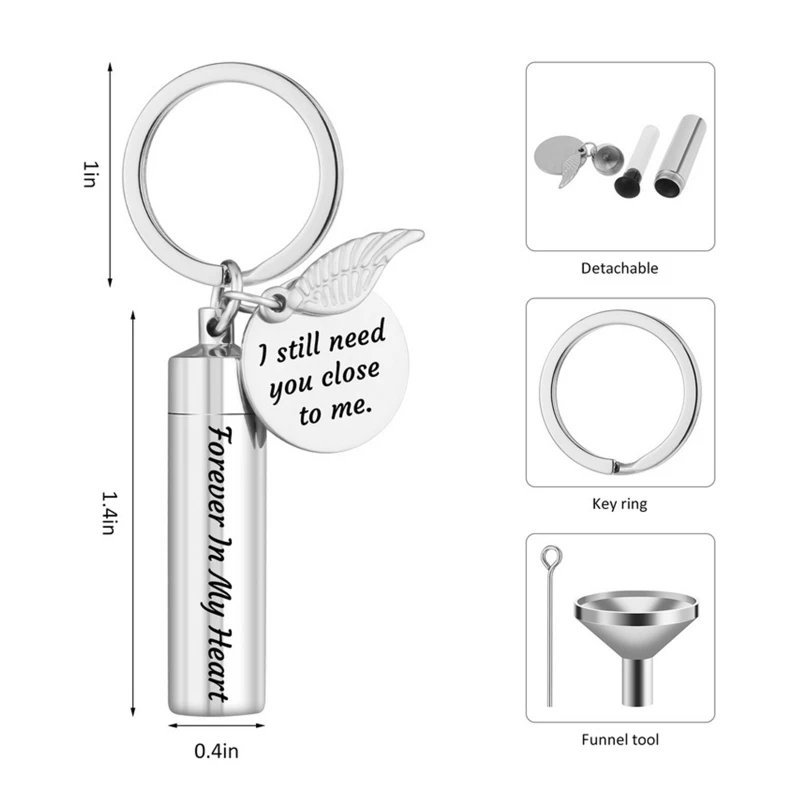 U2JF Vintage Cylinder Cremation Keychain DIY Pendant for Human/Pet Ashes Angel Wing Urn Keychain Memorial Ashes Jewelry Gift