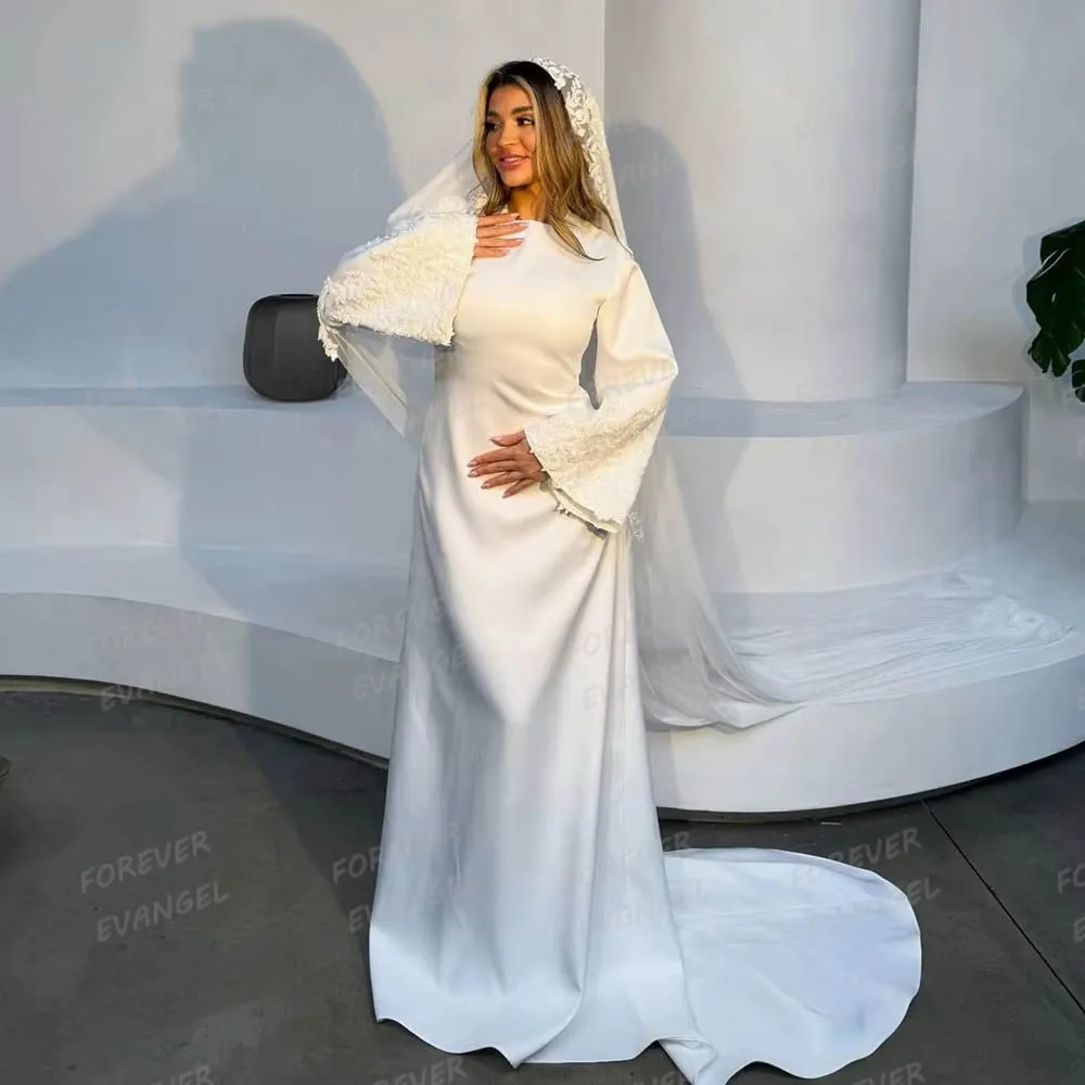Einfache, elegante muslimische Brautkleider, Meerjungfrauen-Brautkleider für Damen, formelle Brautkleider mit Spitze, langen Ärmeln, individuell anpassbar, weiche Vestidos de Novia 2027