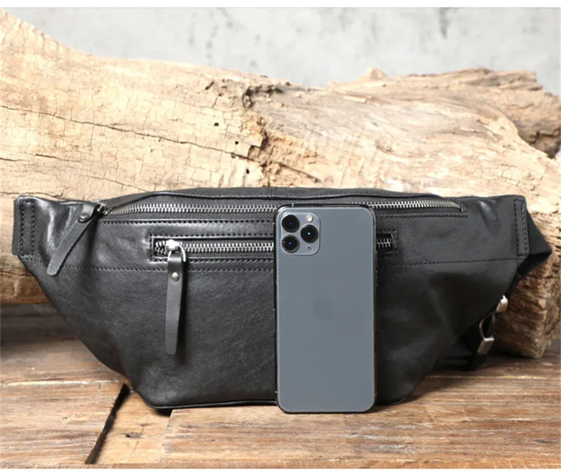 Fashion casual genuine leather men's black chest bag simple versatile handmade soft real cowhide multifunctional waist pack