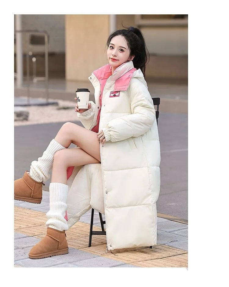 Long Hooded Puffer Coat Women Contrast Collar Warm Quilted Parka Zip‑Up Loose Windproof Winter Outerwear Ladies Padded Jacket