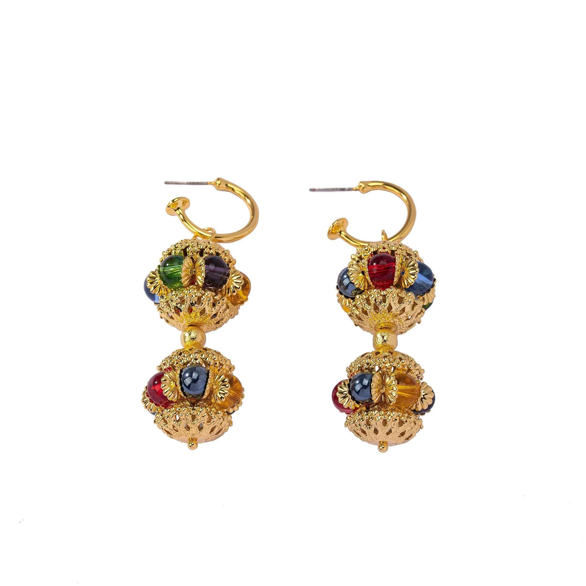 

Bronze gold plated colored glass hollow earrings three-dimensional shoulder sweep round medieval vintage jewelry