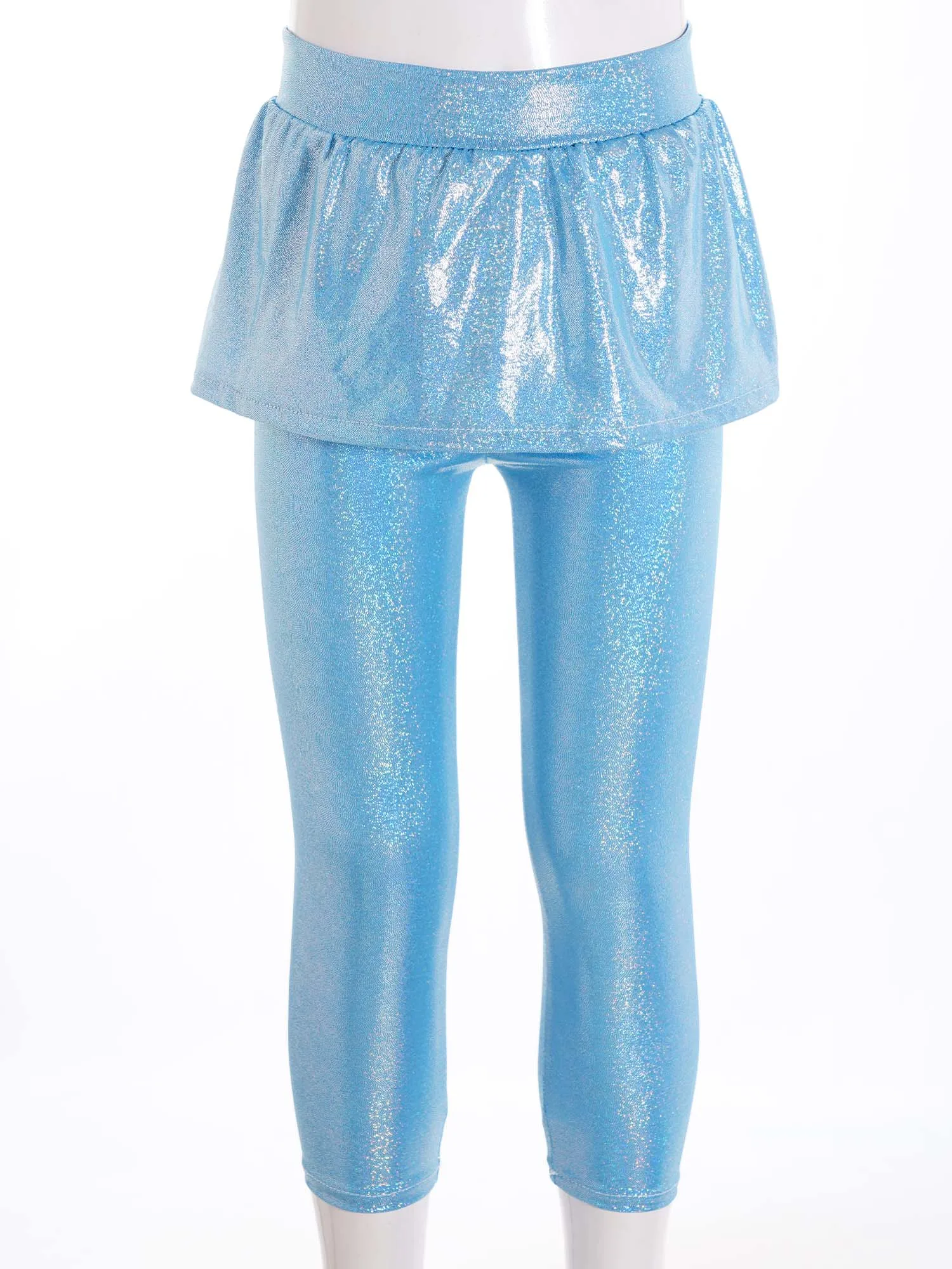Teen Girls Metallic Shiny Skirted Leggings Pantskirt Candy Color Cheerleading Jazz Hip Hop Dance Stage Performance Costume