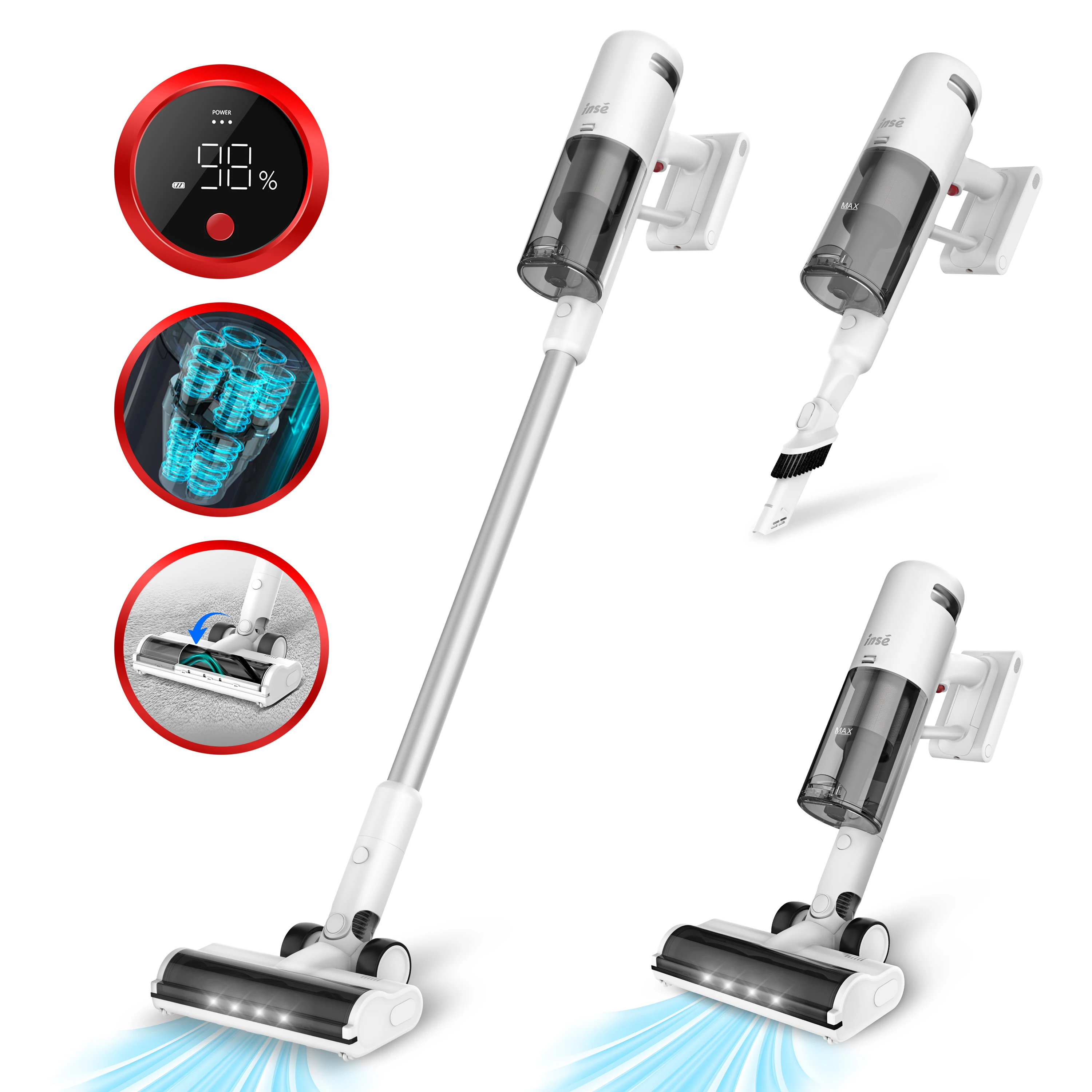 INSE V120 Cordless Vacuum Cleaner, 150AW Powerful Suction Stick Vacuum with LED Display, Detachable Battery Max 60Mins Runtime