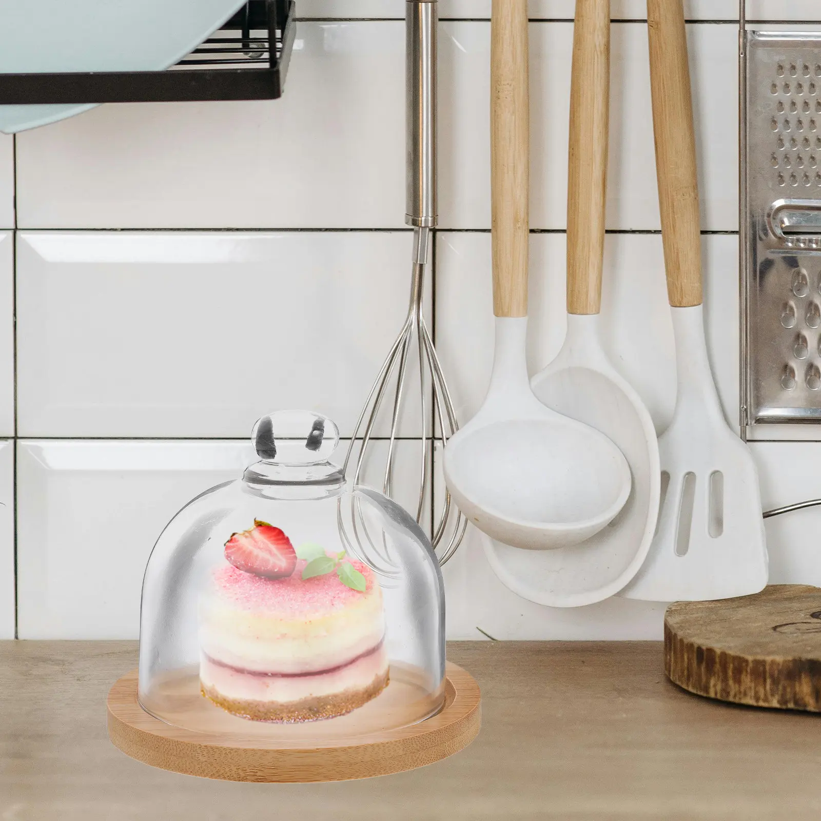 1 Juego de Bandeja de Vidrio para Postres con Base de Madera y Tapa Transparente para Presentación de Pasteles, Frutas y Quesos en Restaurantes y Panaderías