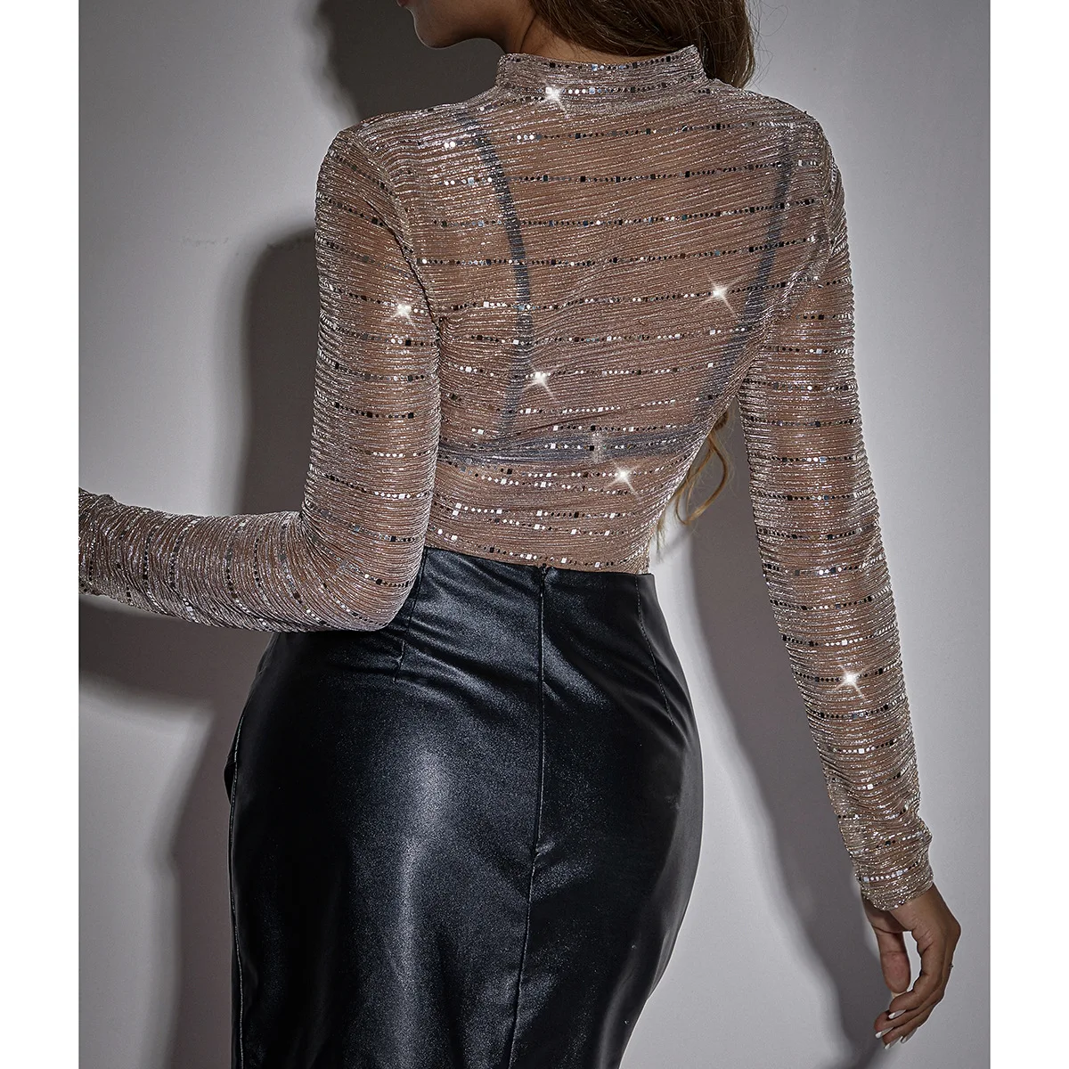 BKLD Women Clothing 2024 Spring New Fashion Sexy Mesh Perspective Slim Round Neck Long Sleeve Tops Bodysuits One Pieces Outfits
