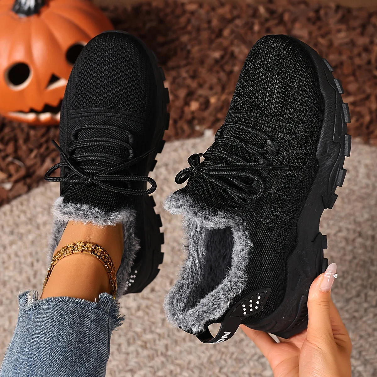 Damen Winter-Thermosneaker aus Strickstoff mit Schnürung, Plüschfutter, rutschfester dicker Plateausohle, Outdoor-Wanderschuhe, Freizeitschuhe – Detail 8