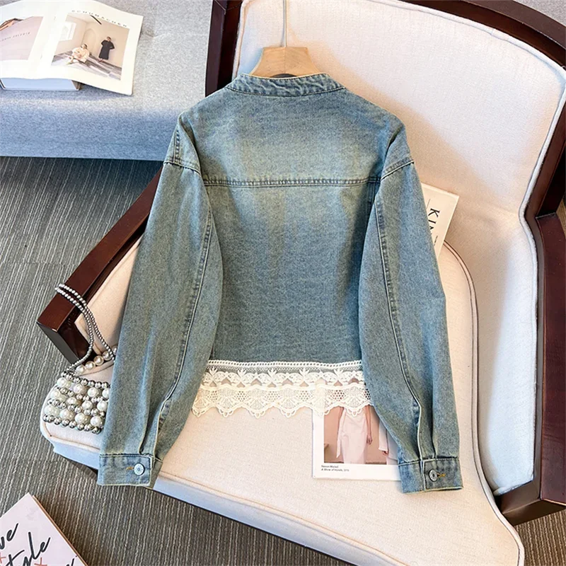 

Spring New Women Vintage Blue Short Denim Jacket Fashion Lace Patchwork Stand Collar Long Sleeve Jeans Jacket Coat Streetwear