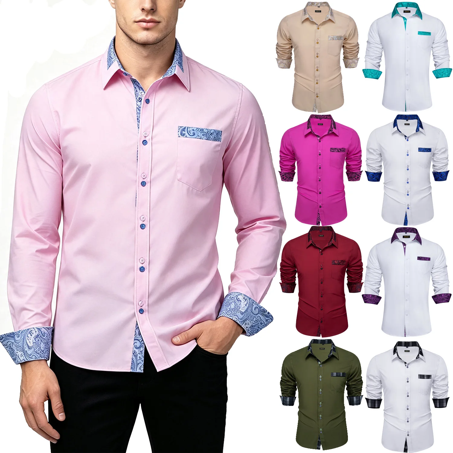 Men Slim Fit Button Up Solid Shirt, Paisley Pattern Contrast Collar Cuff, Two Tone Buttons And Chest Pocket, Multi Colors