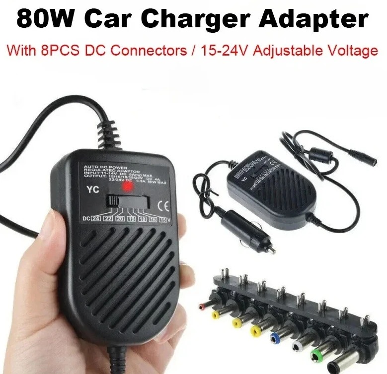 

8 комплектов разъемов постоянного тока для ноутбука, 80 Вт, автомобильное универсальное зарядное устройство, регулируемый адаптер питания постоянного тока 15-24 В, зарядная вилка