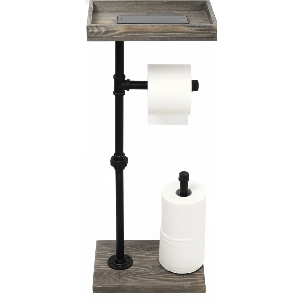 

Vintage Gray Wood Metal Pipe Toilet Paper Holder Stand with Storage Shelf Rustic Bathroom Organizer