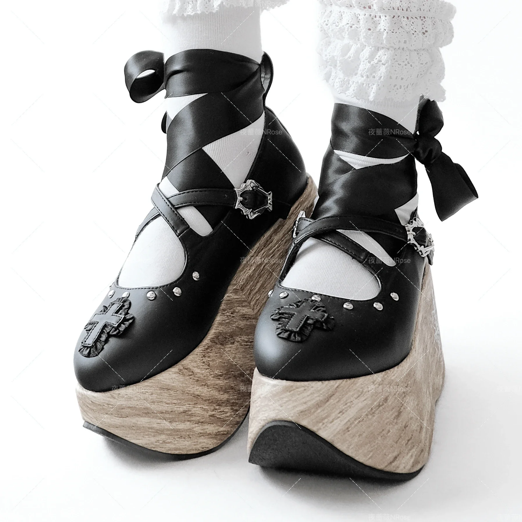 Doll Lullaby Gothic Wood Grain Thick Sole Single Shoe Gothic Subculture Strap Cross Rocking Horse Shoe