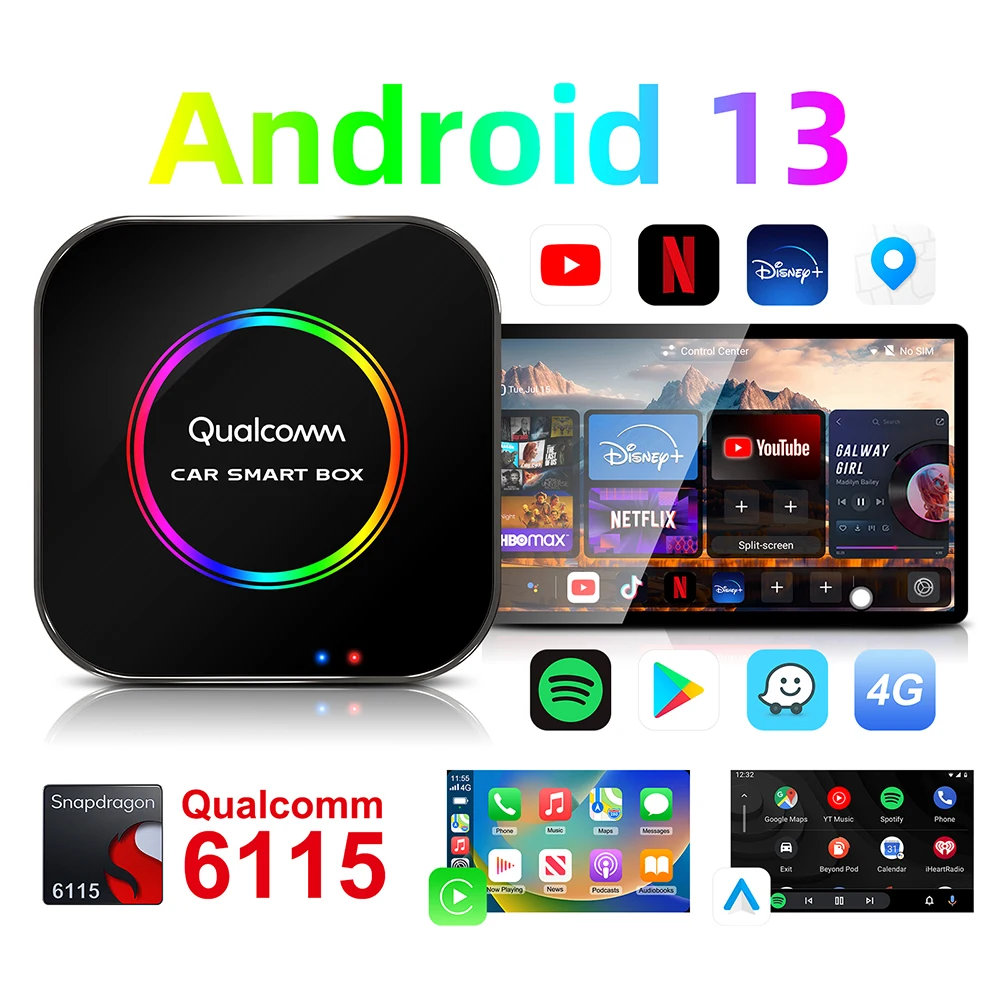 Tv Box LED 8+128GB  Android 13 CarPlay Wireless Android Auto Wireless Adapter Support Youtube Netfilx IPTV Spotify GPS