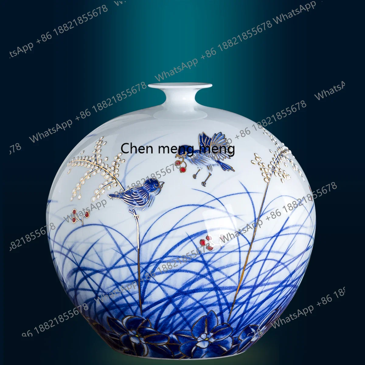 A74Ceramic hand-painted gold-painted pomegranate vase ornament, living room flower arrangement office light luxury decoration