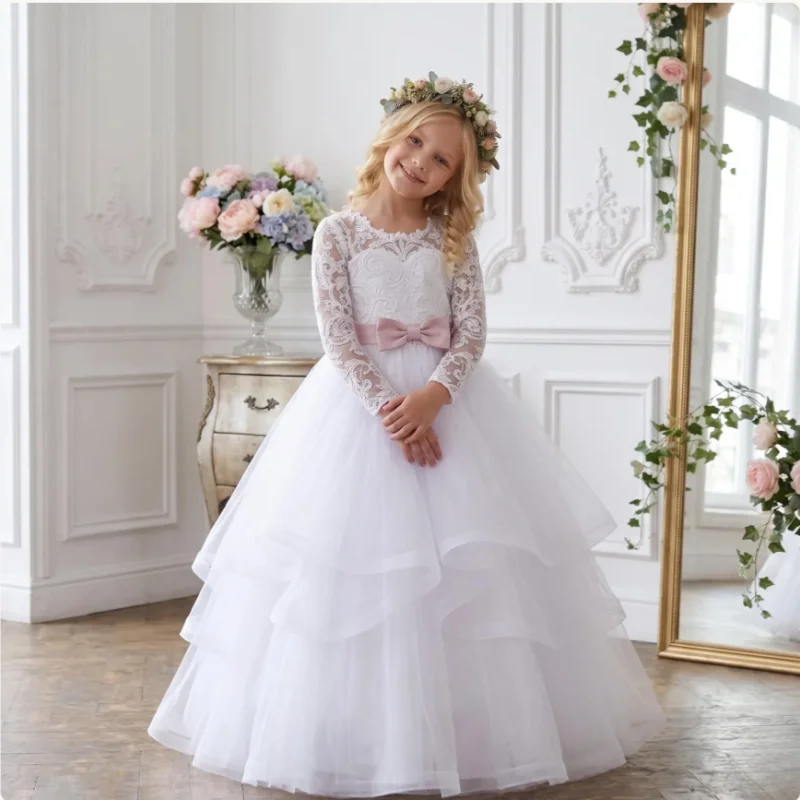 Lace Long Sleeve Flower Girl Dress Scalloped Neck Pink Satin Bow Multi Layer Tulle Floor Length Gown Wedding Communion