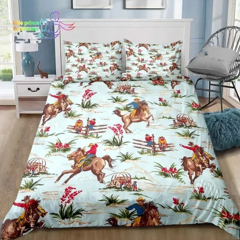Cowboy Horse Pattern Comfortable Duvet Quilt Cover Pillowcase Bedding Set Children Bedroom Decoration Home Textile