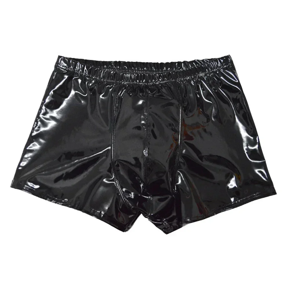 Boxershort erkekler şort kısa külot yüzük şık Wetlook lateks erkek Faux deri kısa iç çamaşırı boyutu L 4XL