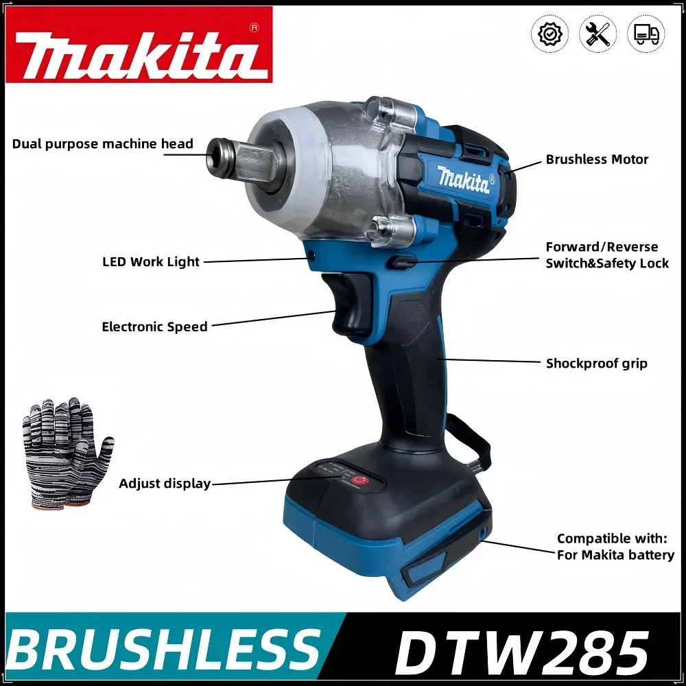 Makita DTW285 Cordless wrench 18V Brushless electric impact wrench 1/2 inch vehicle service tool 18V battery rechargeable