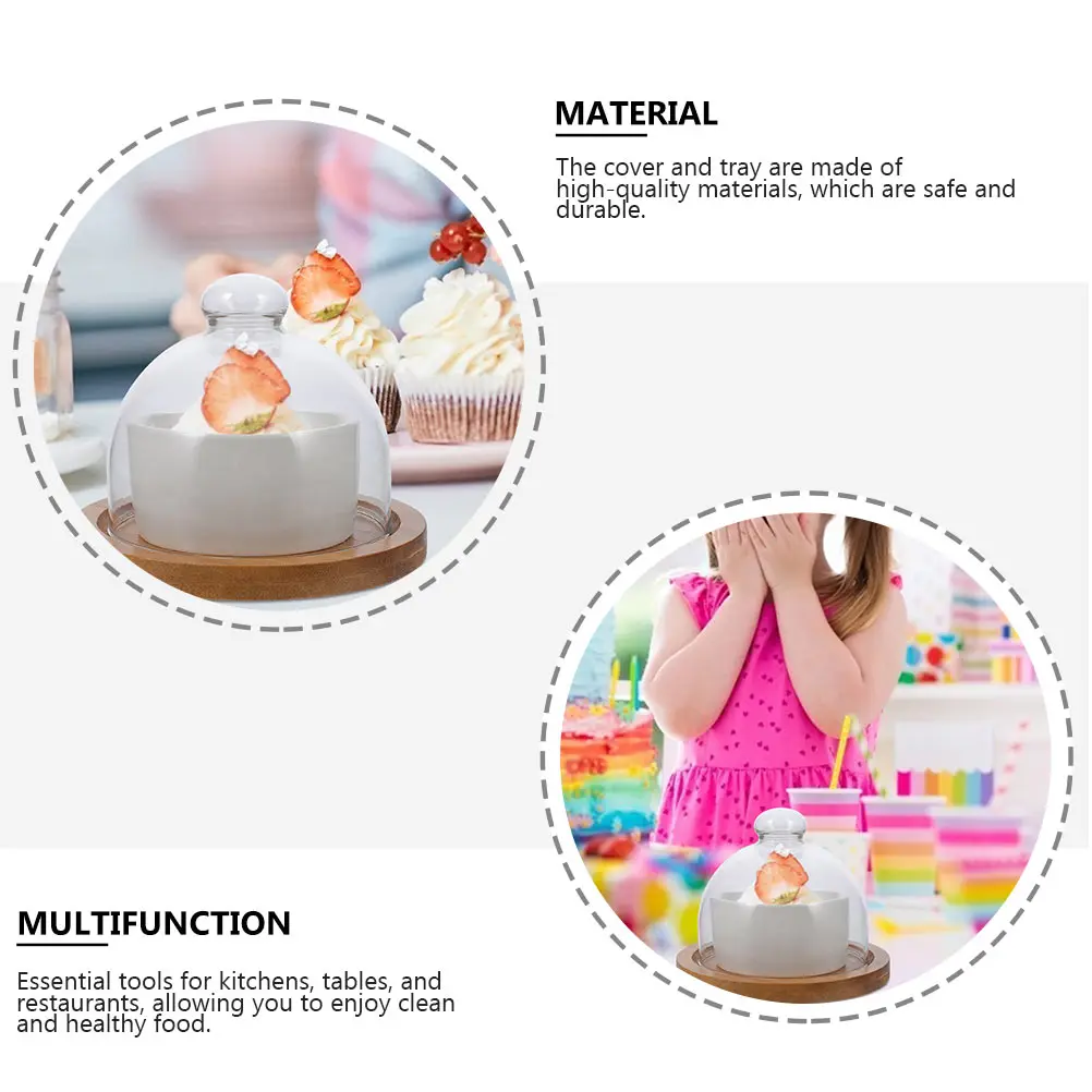 

1 Set Of Ceramic Serving Tray Set White Wooden Food Cover Bowl Snack Pallet With Glass Lid Household Dessert Bowl For