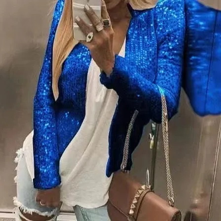 2025 New Stand Collar Color Block Sequin Short Jacket Women Fashion Versatile Casual Top Multi Color Options