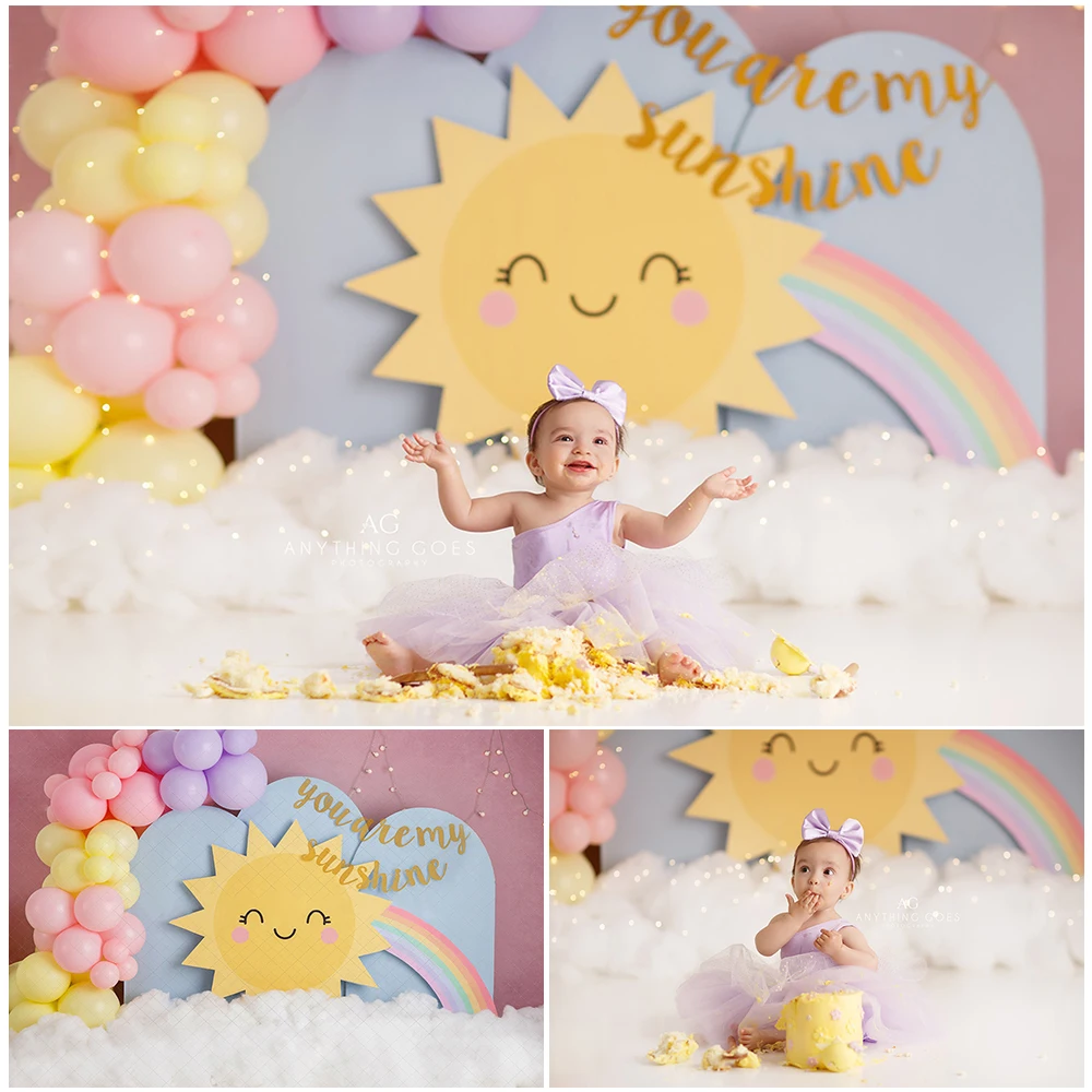 

Sunshine Rainbow Photography Backdrop Children 1st Birthday Cake Smash Photo Background Balloon Cotton Decor Photo Studio Props