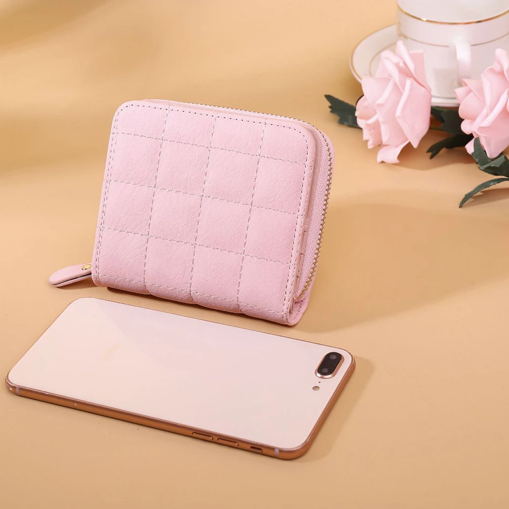 Women Short Wallets PU Leather Female Plaid Purses Card Holder Zipper Small Coin Purse Card Holder Wallet Key Pouch