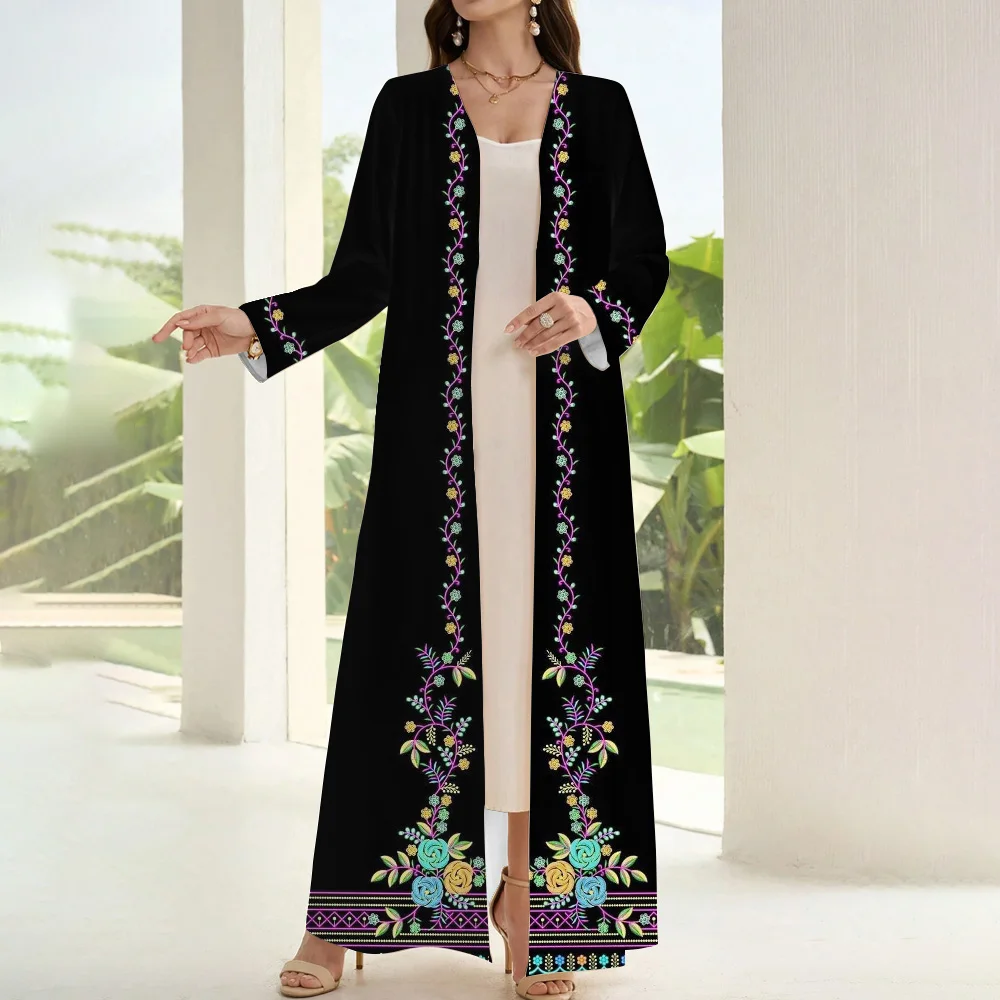 2024 New Muslim Clothing Women Abaya Floral Print Black Open Kimono Abaya Two Pieces Set Moroccan Turkish Casual Kaftan Dress