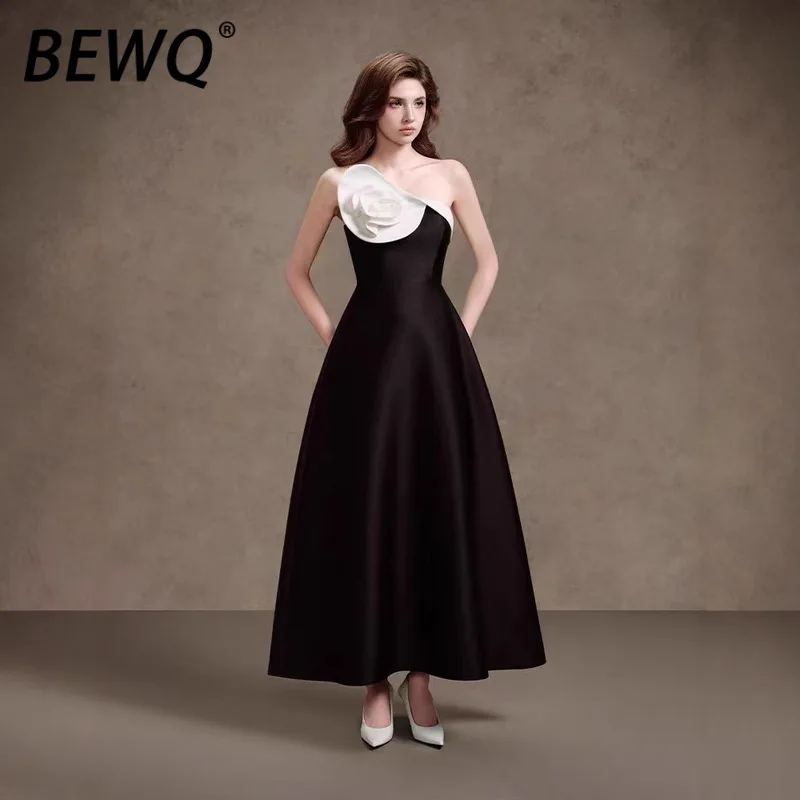 เดรสยาวทรงสลิปสำหรับผู้หญิง BEWQ ดีไซน์หรูหรา แต่งผ้าสีตัดกัน แต่งดอกไม้ 3 มิติ เอวสูง เปิดหลัง เหมาะสำหรับงานปาร์ตี้ตอนเย็น  คอลเลคชั่นใหม่ฤดูใบไม้ร่วง 2025