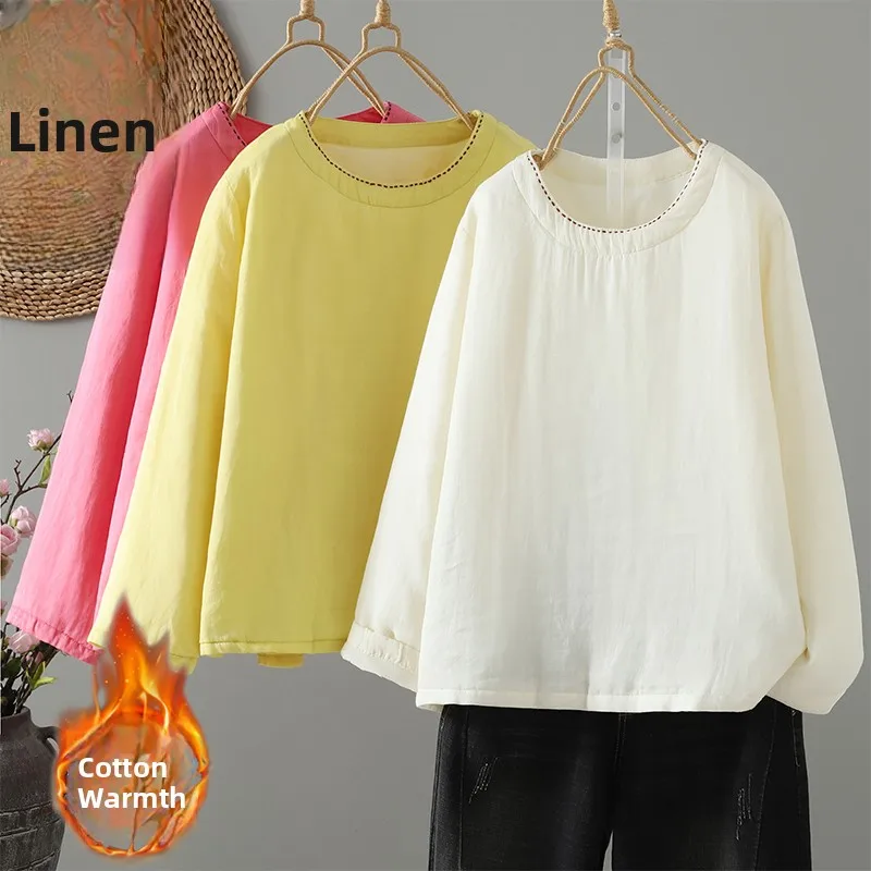 

Autumn Winter Loose Fit Cotton Jaet round Ne Inner Wear Outer Wear Small Cotton Coat Pure Color Straight Tube Long Sve