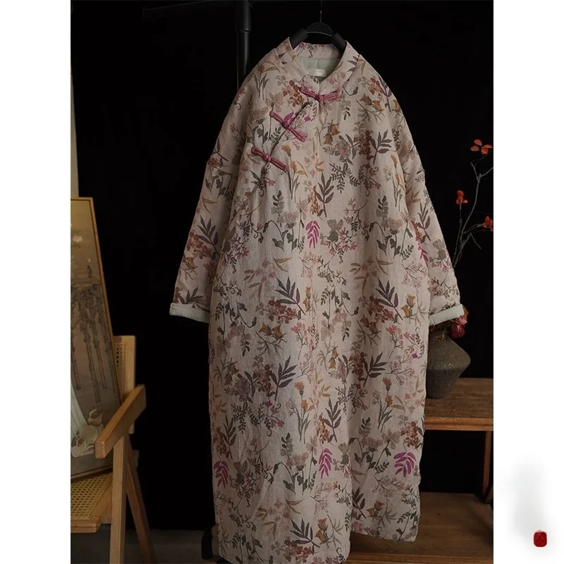 

Retro Hemp Print Side Button Full Length Cotton Jaet Winter Chinese Sle Zen Warmth Women's Loose Fit Printed Cotton Coat