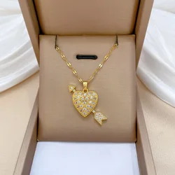 Classic Shiny Zircon Cupid's Arrow Heart Pendant Necklace for Women Lady Creative Stainless Steel Chain Jewelry Accessories Gift