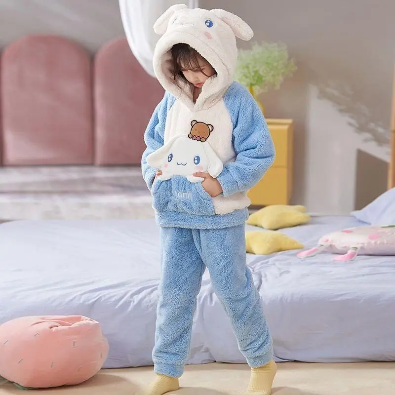 

Thickened Plush Hooded Warm Two Piece Home Clothes Sanrio Kuromi Cinnamoroll Autumn Winter Cartoon Coral Velvet Pajamas Girls