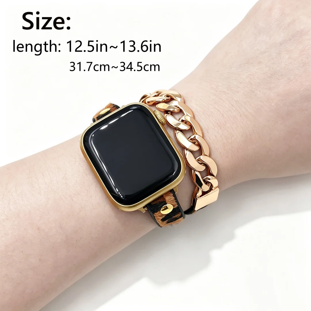 Double Tour Leopard Faux Fur Leather Metal Chain Strap for Apple Watch Band 38/40/41/42/44/45 S10/11 42/46mm 49Ultra Wristband