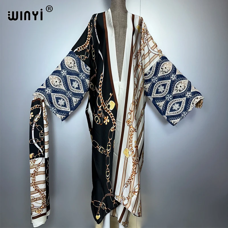 WINYI 着物風アフリカ風マキシ丈ワンピース ビーチウェア カバーアップ アバヤ ドバイ風ラグジュアリーカーディガン ビーチウェア レディース ホローカウボーイ袖コート