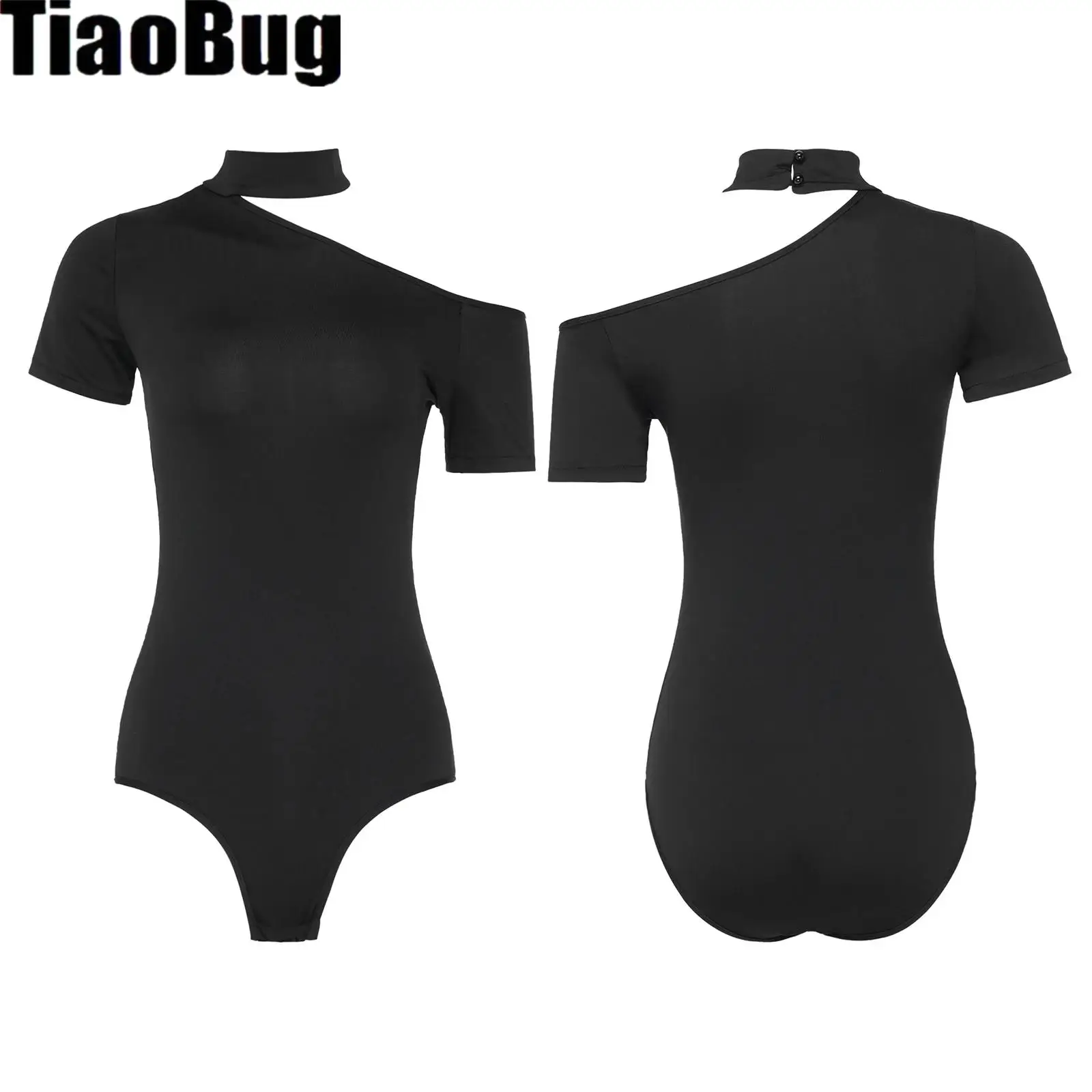 

Womens Latin Dance Leotard Choker Neck Off Shoulder Short Sleeve Buttoned Crotch One-piece Jumpsuit for Tango Cha-cha