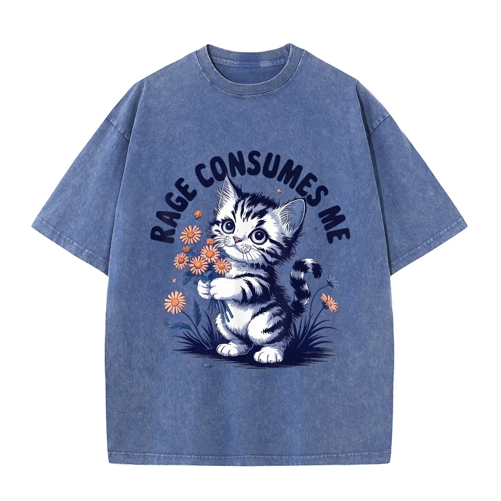 Rage Consumes Me T-Shirt Men's Classic Fit Grey Crew Neck Short Sleeve Double Cuff Cartoon Pattern Small Koszulki Męskie