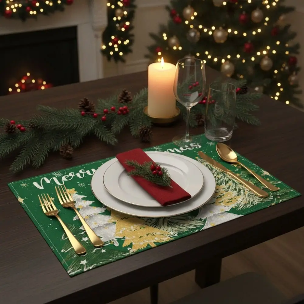 4PCS Linen-like Christmas Tree Placemats Stain-resistant Anti-slip Christmas Tableware Mat Rectangular Washable
