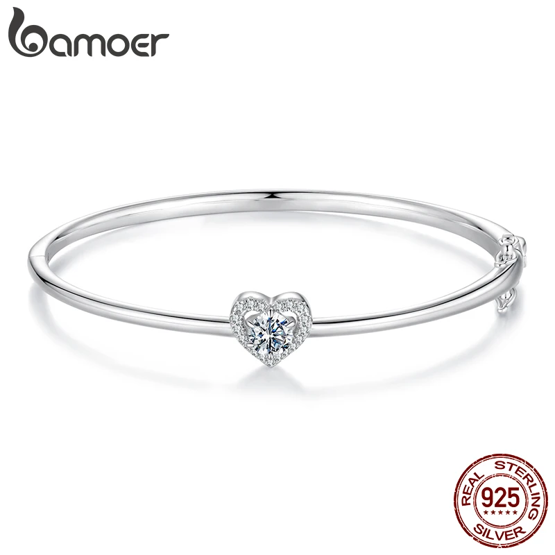 BAMOER 0.5CT Hollowed Heart Moissanite Bracelet Round Cut D Color Wrist Cuff Bangle 925 Sterling Silver for Women Wedding Gift