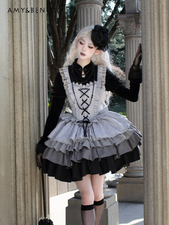 Original Design Goth Punk Style Lolita Dress Autumn Winter New Subculture Lace Splicing Long-sleeved Splicing Color Tutu Dresses