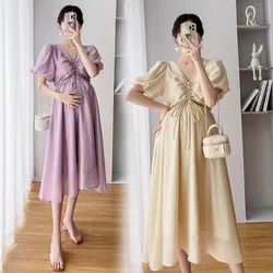 Maternity Dresses Summer Clothes for Pregnant Women 2024 New V-neck Drawstring Pleated Puff Sleeve Pregnancy Long Vestidos