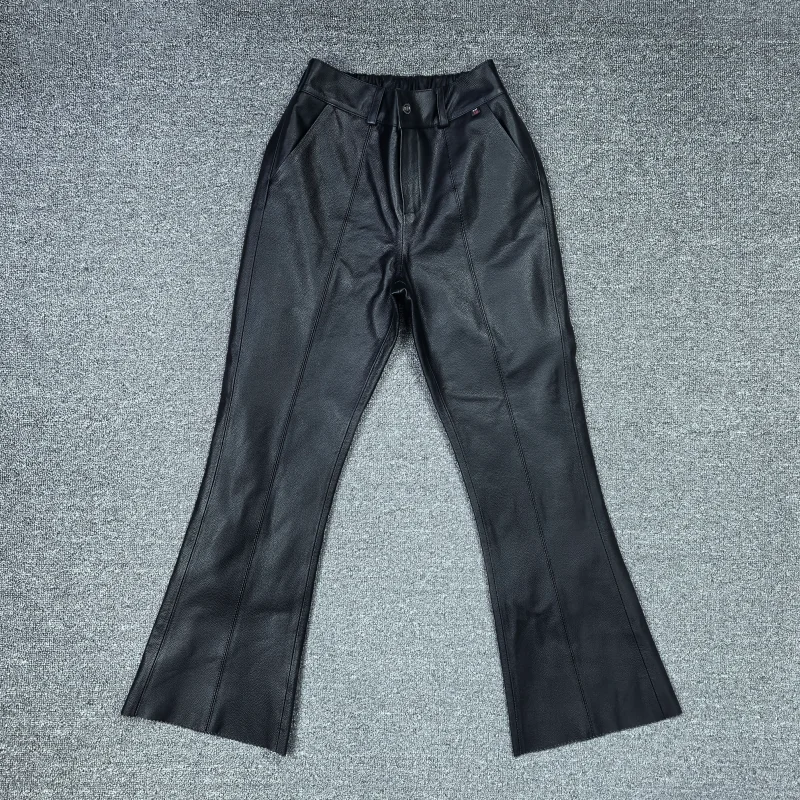 

2026 Winter New Sle Women's Real Leather Pants Elastic Waist Cowhide Casual Bell Bot Slimming Nine Point Faionable