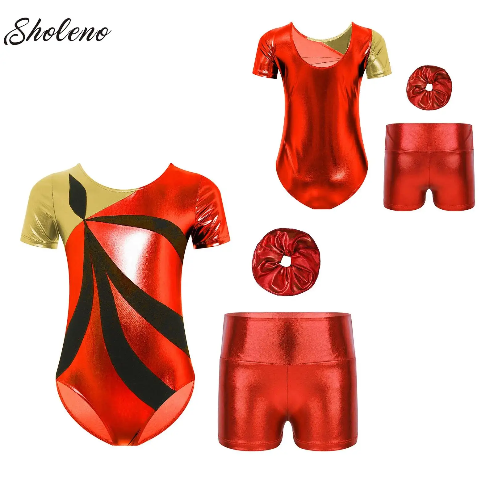 

Kids Girl Gymnastics Ballet Latin Dance Leotard Sleeveless Metallic Rhinestones Bodysuit+Shorts+Hairband for Figure Skating Show