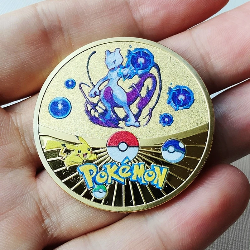 Gold Pokemon Coins Pikachu Commemorative Coins Metal Pokemon Letters Gold Metal Round Cards Silver Mewtwo Coin Anime Toys